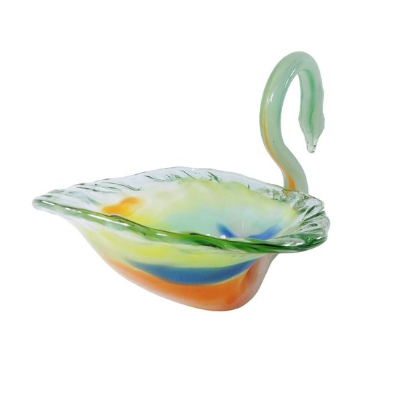Art Glass Swan Hand Blown Bowl Floral Candy Dish Centerpiece Artisan Made - Picture 3 of 9
